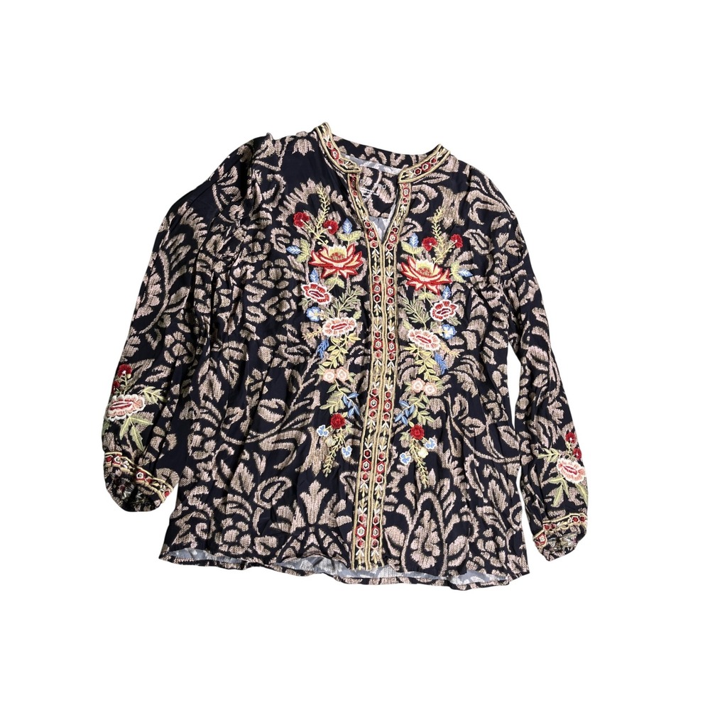 Karyn Seo Embroidered Floral Boho Blouse Black Beige Tunic Top Artisan Style